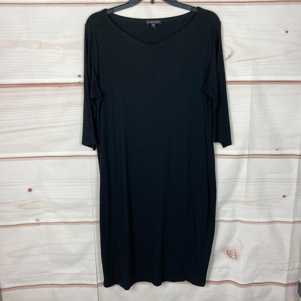 Eileen Fisher Dress Womens M Black 3/4 Sleeve Knit Shift V-Neck Pullover Solid